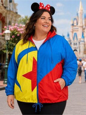 Disney Parks Windbreaker Jacket Womens 3X Colorblock Retro Hooded Jacket